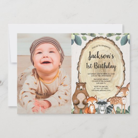 ウッドランド動物の森の男の子1歳の誕生日の写真 招待状 (正面)