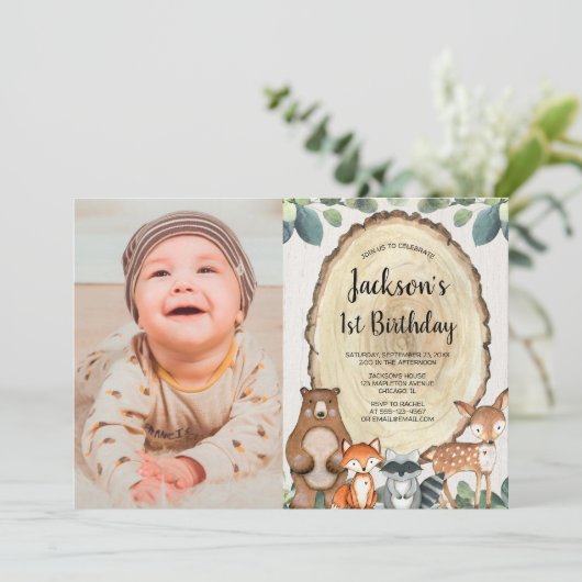 ウッドランド動物の森の男の子1歳の誕生日の写真 招待状 (スタンド正面)
