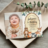 ウッドランド動物の森の男の子1歳の誕生日の写真 招待状