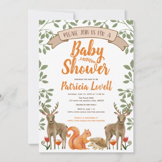 ウッドランド動物の森の赤ちゃんシャワー男女兼用 招待状 (正面)