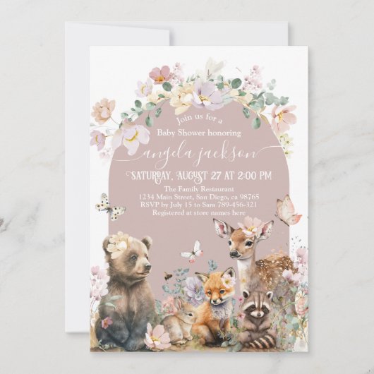 ウッドランド動物の水の色のフローラ女の子ベビーシャワー 招待状 (正面)