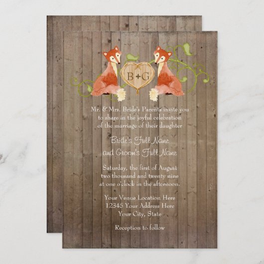 ウッドランド動物の生き物、キツネnつる植物結婚式 招待状 (正面/裏面)