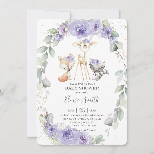 ウッドランド動物の紫色のフローラ緑のベビーシャワー 招待状 (正面)