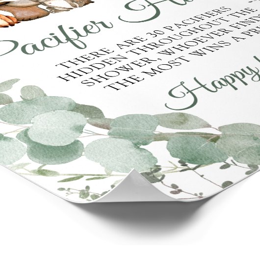 ウッドランド動物の緑おしゃぶり狩りゲームサイン ポスター (角)