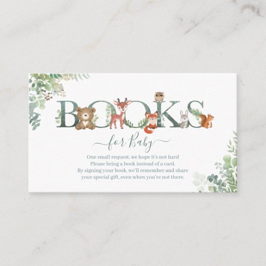 ウッドランド動物の緑の本の赤ちゃんシャワーE エンクロージャーカード (正面)