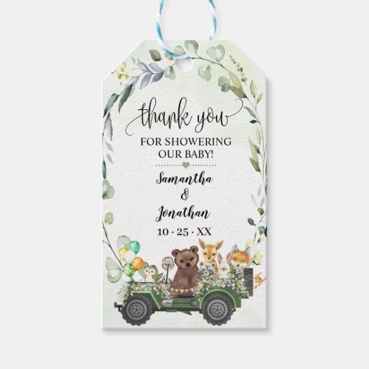 ウッドランド動物の緑の森の赤ちゃんシャワーのお願い ギフトタグ (正面)