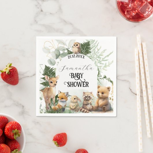 ウッドランド動物の緑の森の赤ちゃんシャワー スタンダードカクテルナプキン (インサイチュ)