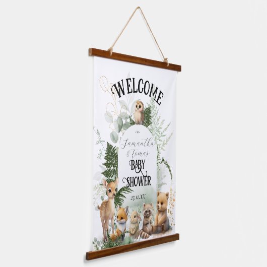 ウッドランド動物の緑の森の赤ちゃんシャワーwelcom 吊り下げ型タペストリー (傾斜あり)