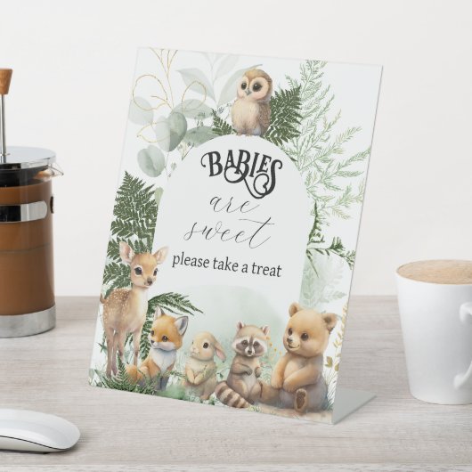 ウッドランド動物の緑の甘いトリートベビーシャワー 台座サイン (インサイチュ)