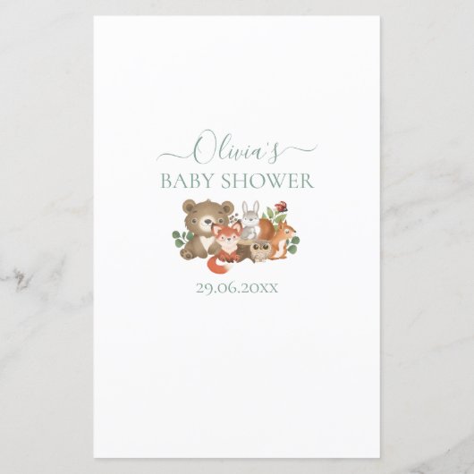 ウッドランド動物の緑の赤ちゃんシャワービンゴゲーム (裏面)