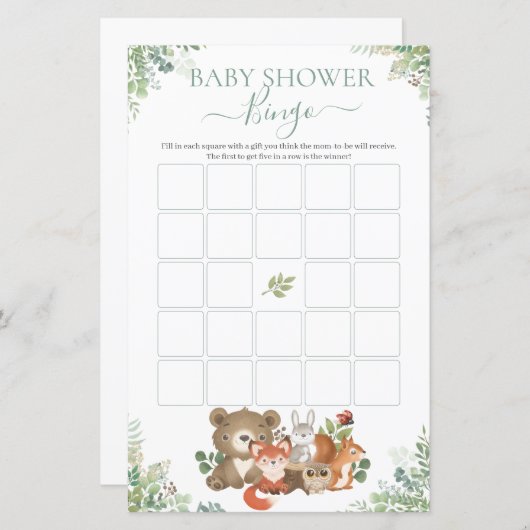 ウッドランド動物の緑の赤ちゃんシャワービンゴゲーム (正面/裏面)