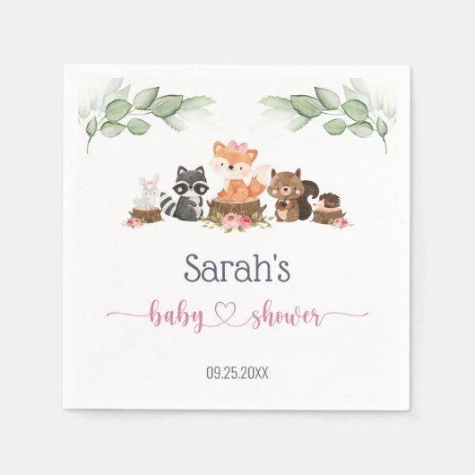 ウッドランド動物の緑ピンクの赤ちゃんシャワーナプキン スタンダードカクテルナプキン (正面)