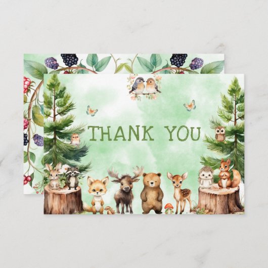 ウッドランド動物の花咲き赤ちゃんシャワー サンキューカード (正面/裏面)