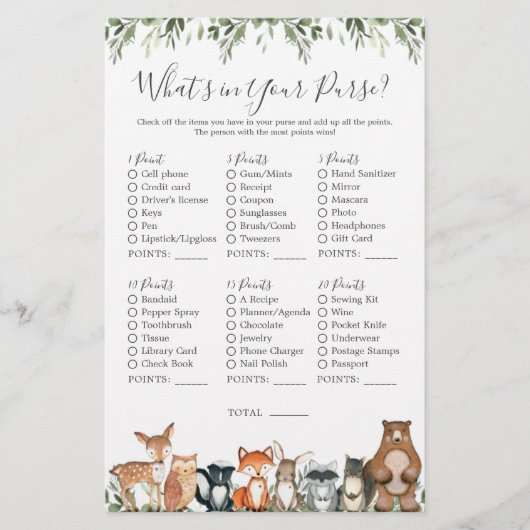 ウッドランド動物の赤ちゃんシャワーあなたの財布の中にあるものを (正面)