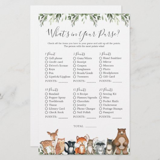 ウッドランド動物の赤ちゃんシャワーあなたの財布の中にあるものを (正面/裏面)