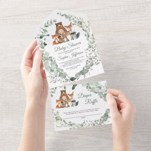 ウッドランド動物の赤ちゃんシャワーすべて一つの招待状 オールインワン招待状 (貼ってはがせる)