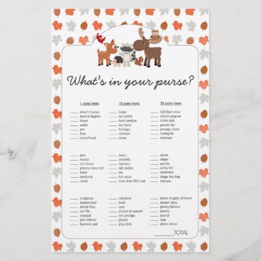 ウッドランド動物の赤ちゃんシャワービンゴと財布ゲーム (裏面)