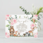 ウッドランド動物の赤ちゃんシャワー招待状、ピンクのバラ。 招待状 (スタンド正面)