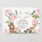 ウッドランド動物の赤ちゃんシャワー招待状、ピンクのバラ。 招待状 (正面/裏面)