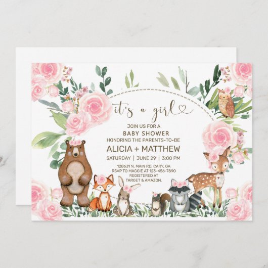ウッドランド動物の赤ちゃんシャワー招待状、ピンクのバラ。 招待状 (正面/裏面)