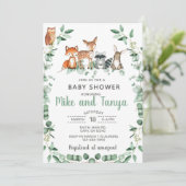 ウッドランド動物の赤ちゃんシャワー招待状、ユーカリ。 招待状 (スタンド正面)