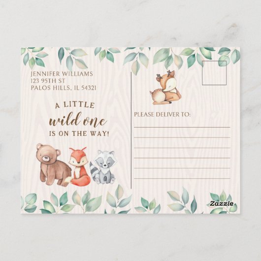 ウッドランド動物の赤ちゃんシャワー招待葉書 ポストカード (裏面)