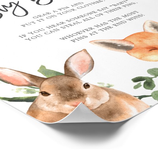 ウッドランド動物の赤ちゃんシャワー言わないベビーのサイン ポスター (角)