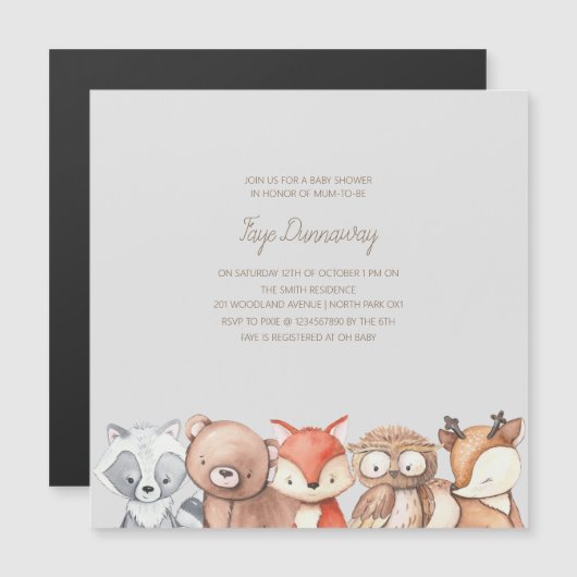 ウッドランド動物の赤ちゃんシャワー マグネット招待状 (正面/裏面)