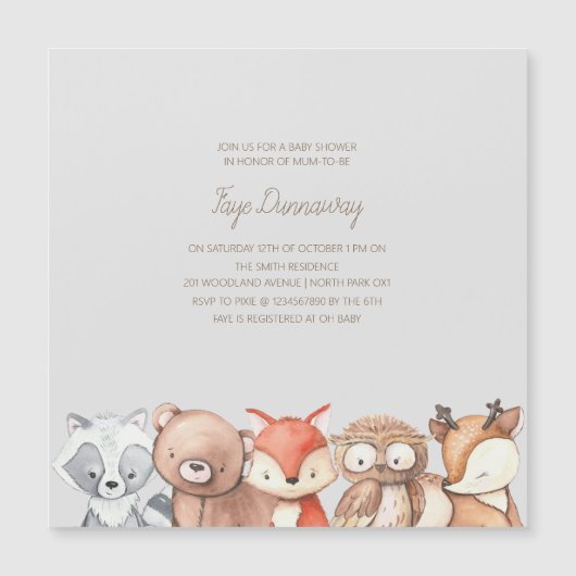 ウッドランド動物の赤ちゃんシャワー マグネット招待状 (正面)