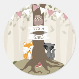 ウッドランド動物の赤ちゃんシャワー – 少女 ラウンドシール