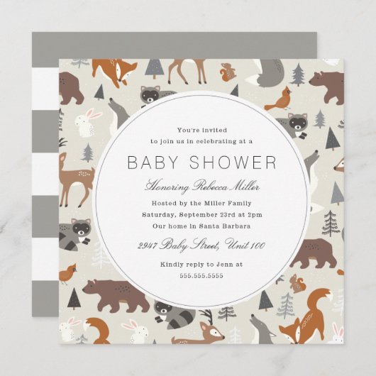 ウッドランド動物の赤ちゃんシャワー 招待状 (正面/裏面)