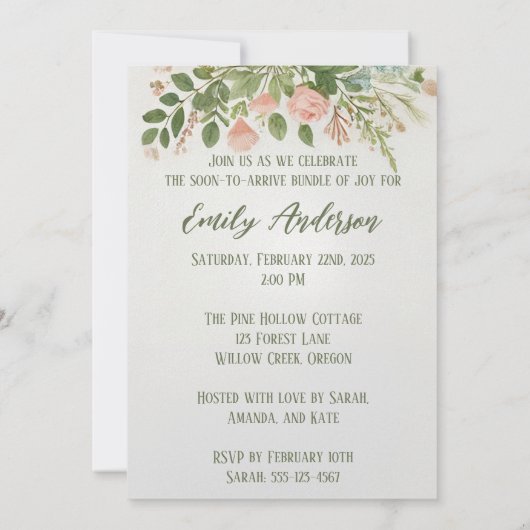 ウッドランド動物の赤ちゃんシャワー 招待状 (裏面)