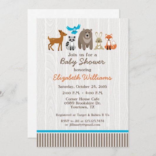 ウッドランド動物の赤ちゃんシャワー 招待状 (正面/裏面)