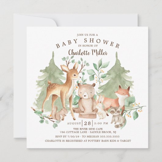 ウッドランド動物の赤ちゃんシャワー 招待状 (正面)