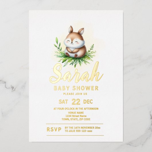 ウッドランド動物の赤ちゃんシャワー 箔招待状 (正面)