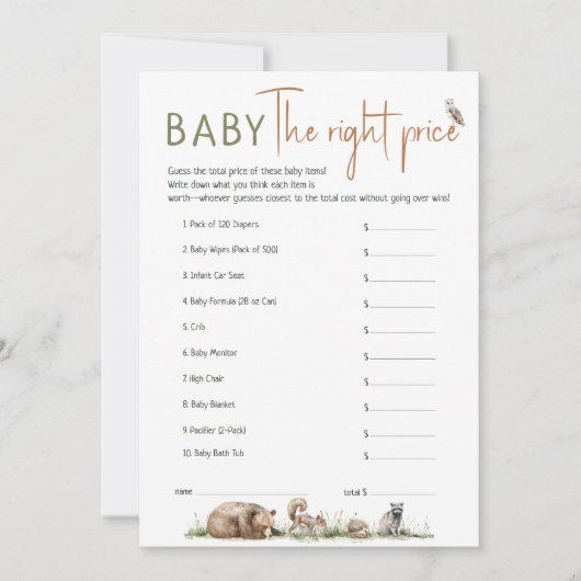 ウッドランド動物の赤ちゃん正しい価格カードをシャワー 招待状 (正面)