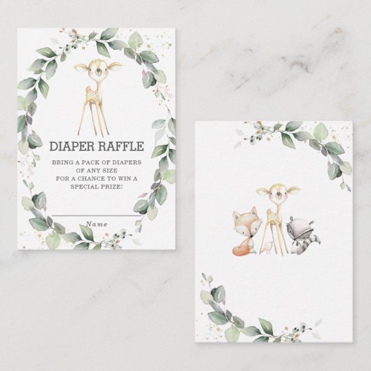 ウッドランド動物の鹿の緑のリースおむつラッフル エンクロージャーカード (正面/裏面)