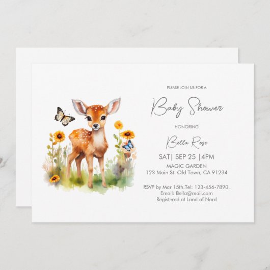 ウッドランド動物の鹿の赤ちゃんシャワー 招待状 (正面/裏面)
