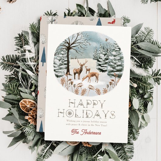ウッドランド動物の鹿ウィンタースケープのクリスマス シーズンカード