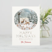 ウッドランド動物の鹿ウィンタースケープのクリスマス シーズンカード (スタンド正面)