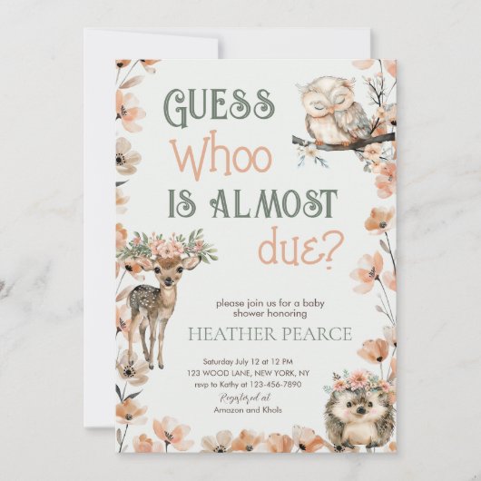 ウッドランド動物の鹿フクロウ赤ちゃんシャワー 招待状 (正面)