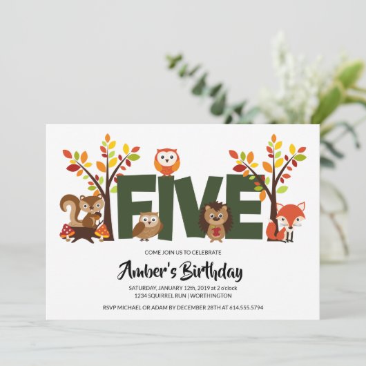 ウッドランド動物の5歳の誕生日パーティーの招待 招待状 (スタンド正面)