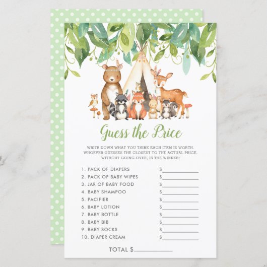 ウッドランド動物は価格を推測する赤ちゃんシャワーゲーム (正面/裏面)