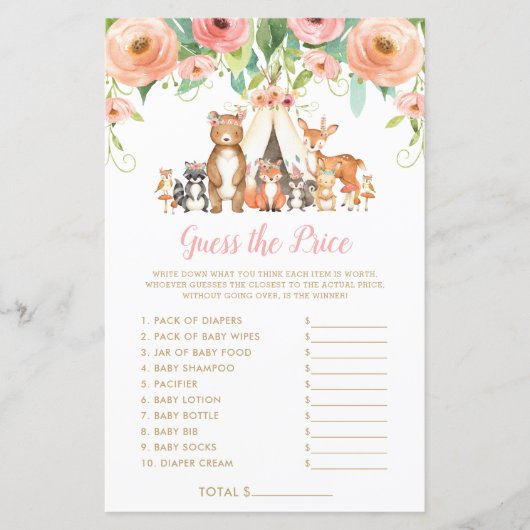 ウッドランド動物は価格を推測する赤ちゃんシャワーゲーム (正面)