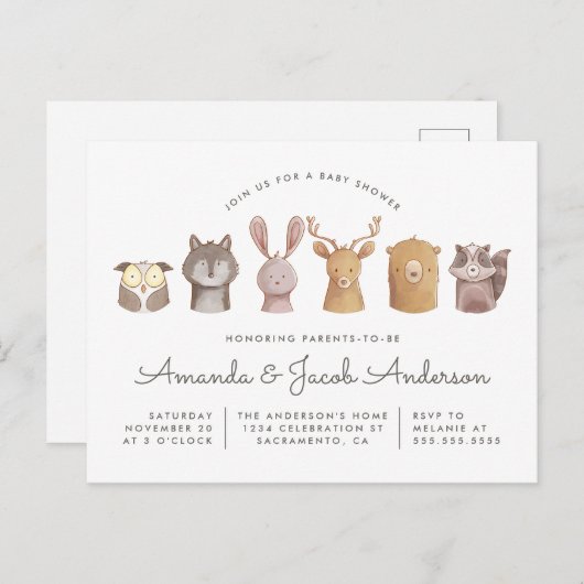 ウッドランド動物をテーマにした赤ちゃんシャワー インビテーションポストカード (正面/裏面)