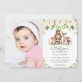 ウッドランド動物アイボリーフローラ1回目の誕生日写真 招待状 (正面)