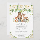 ウッドランド動物アイボリーホワイトフローラ1歳の誕生日 招待状 (正面)