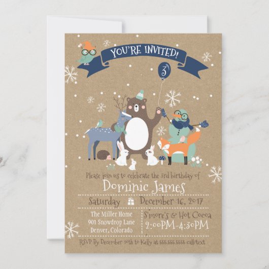 ウッドランド動物ウィンターボーイズ誕生日招待状 招待状 (正面)