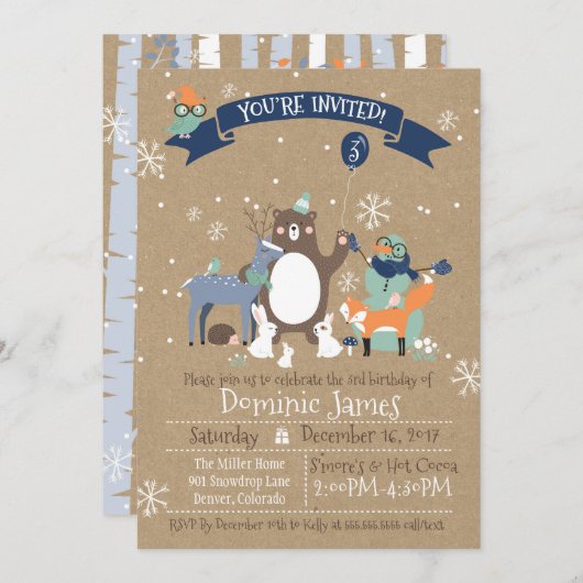 ウッドランド動物ウィンターボーイズ誕生日招待状 招待状 (正面/裏面)