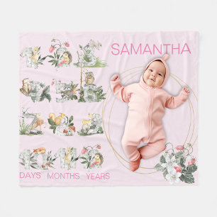 ウッドランド動物カスタムのナンバーマイルストーンエイジングピンク フリースブランケット